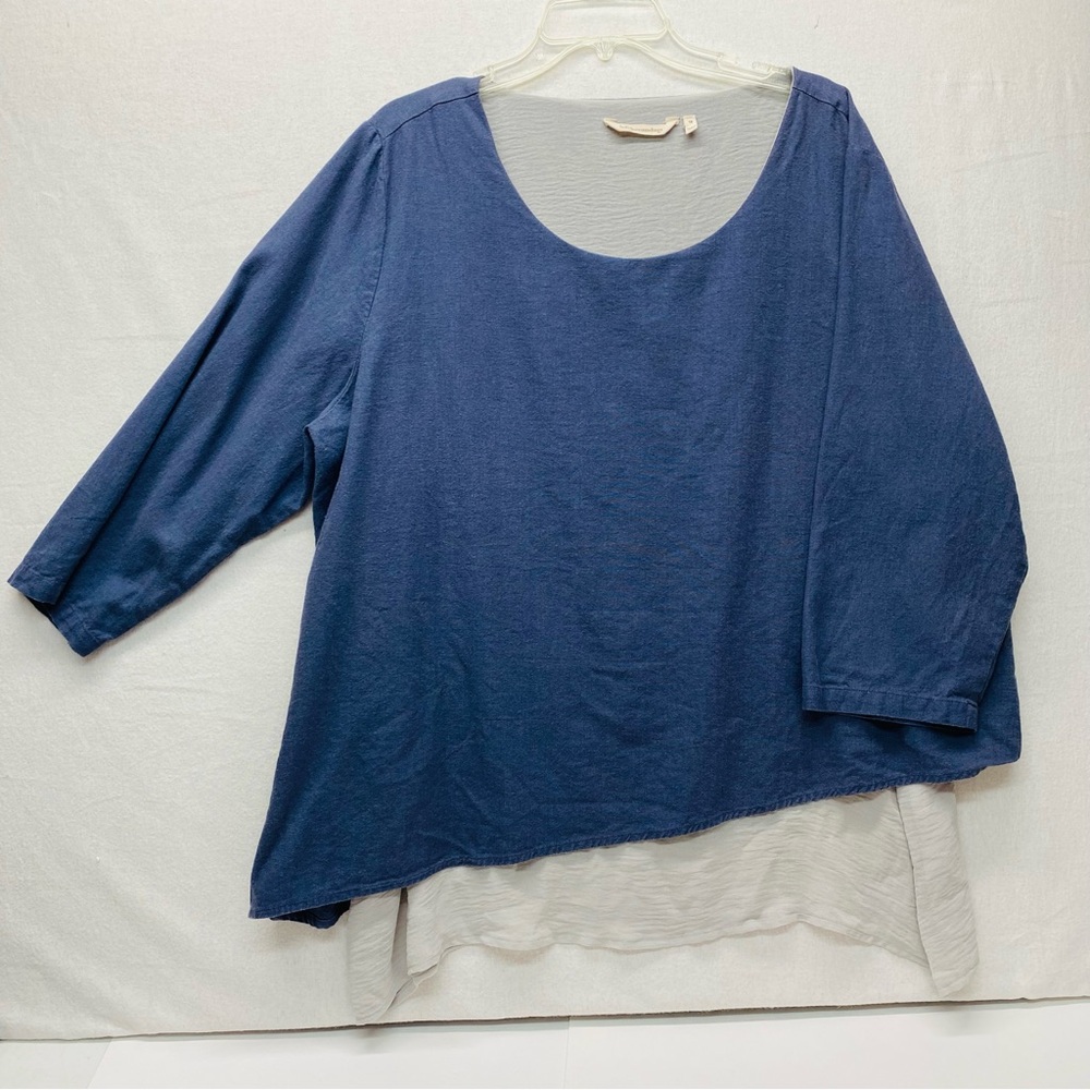Soft Surroundings Womens Tunic Top Size 1X Blue Linen Blend Layered 3/4 Sleeves